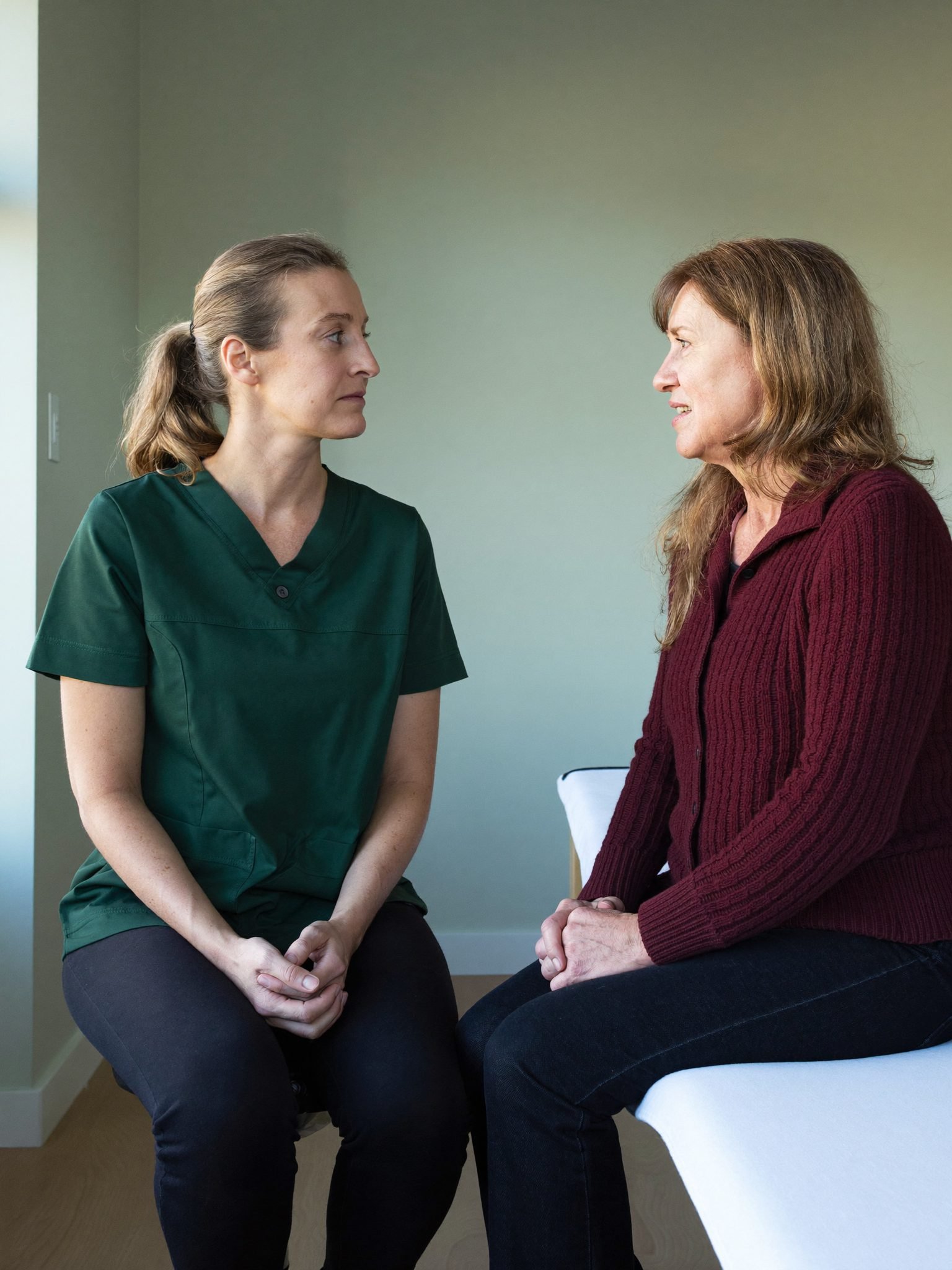 A physiotherapist and patient sitting close together, talking at eye level at the start of an assessment