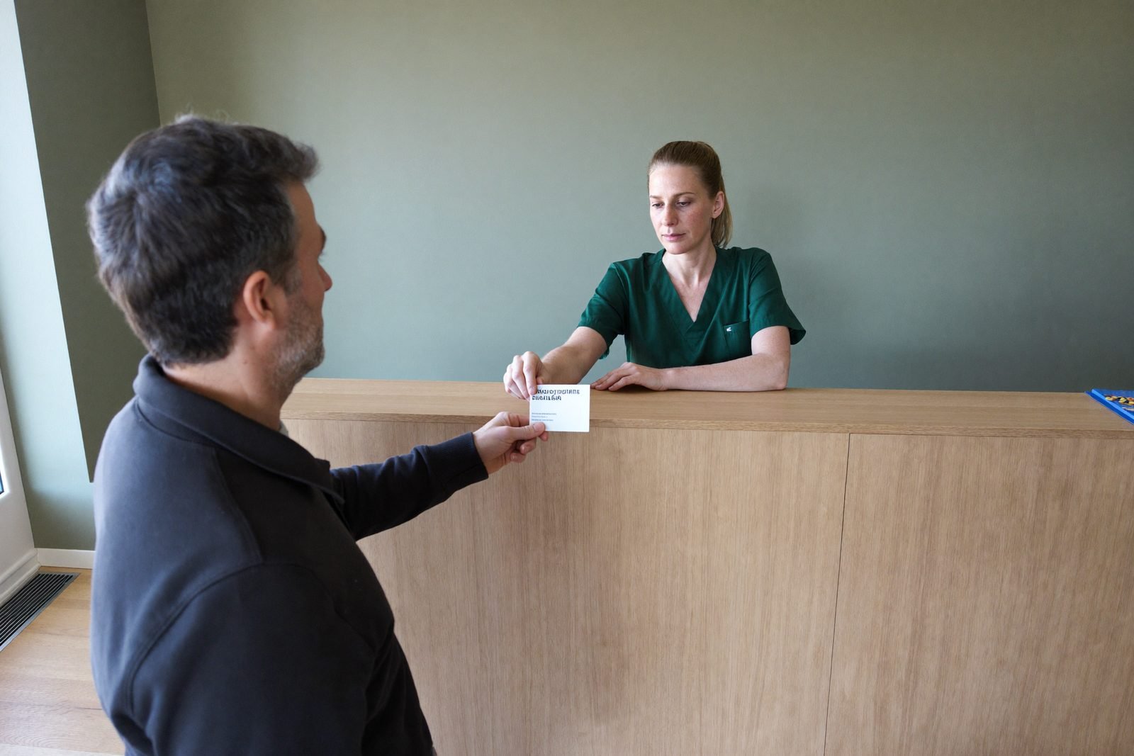 An appointment card handed across the reception counter at the end of a visit
