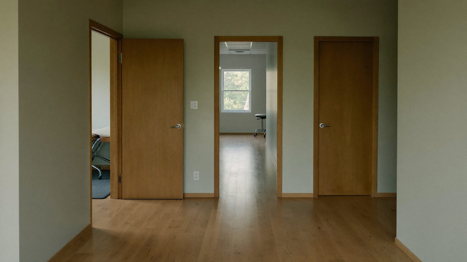 The corridor leading to the treatment rooms, level and without steps