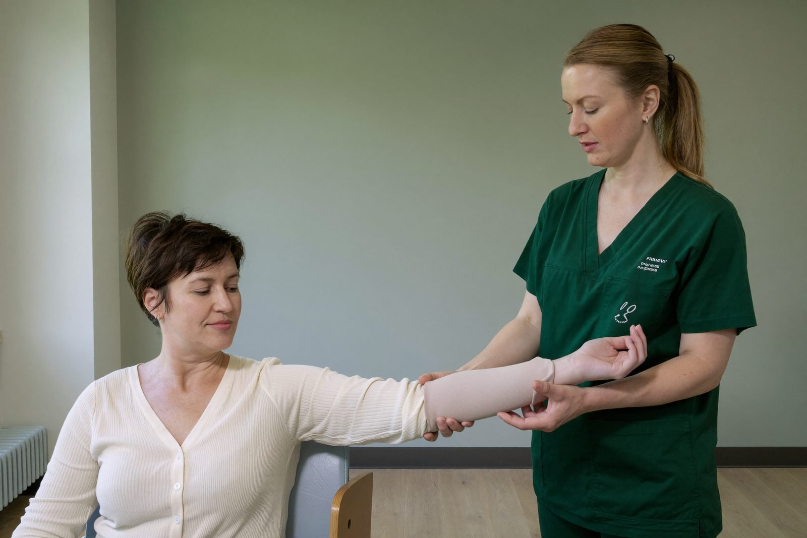 A garment eased into place and checked at the wrist, not bought off a shelf