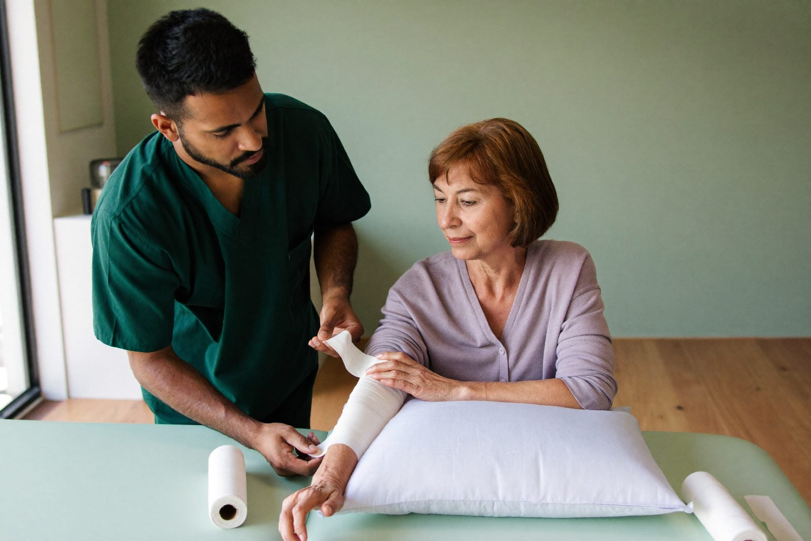 Short-stretch bandaging, built up in layers rather than pulled tight