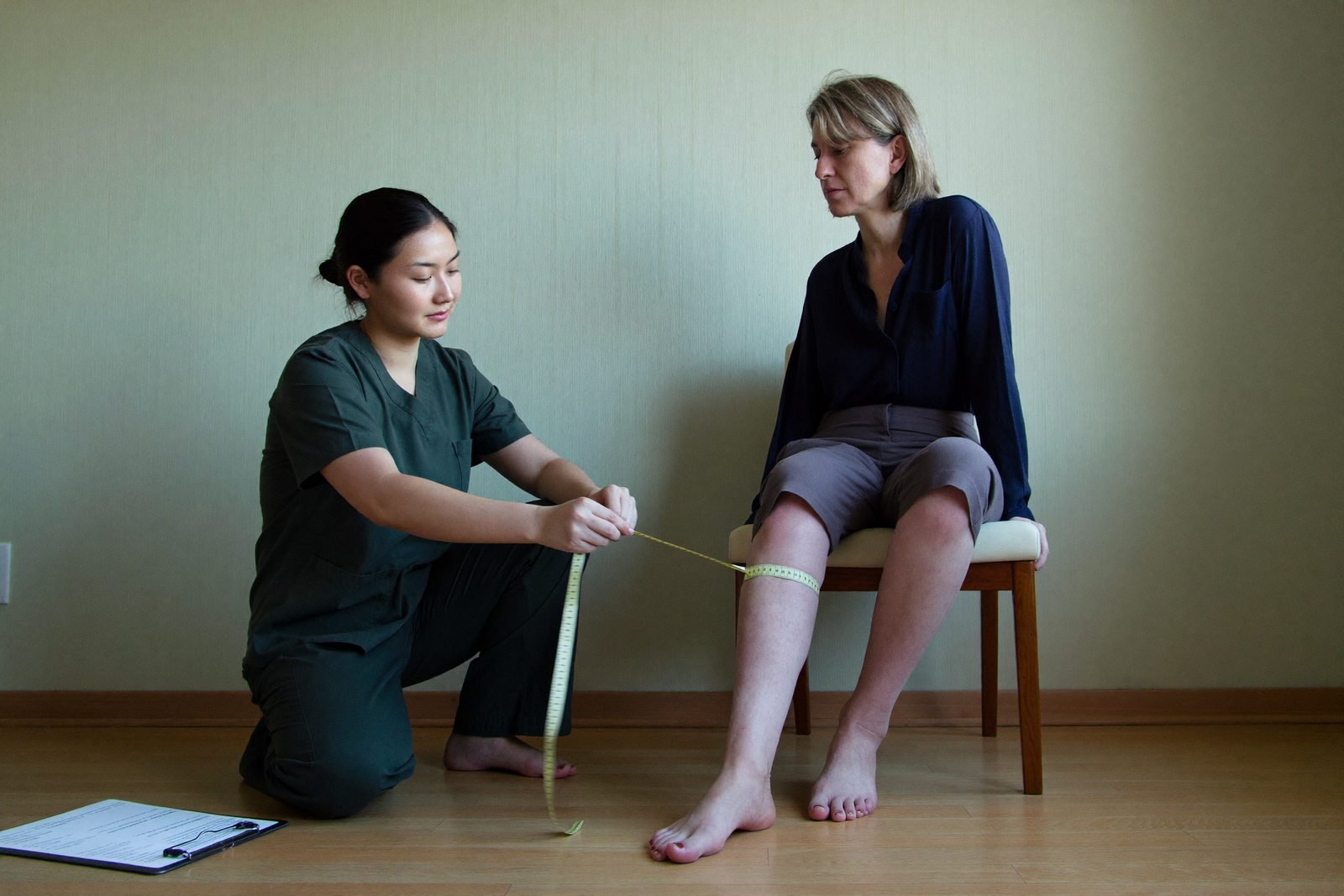 A clinician measuring a patient's calf with a tape measure and recording the result