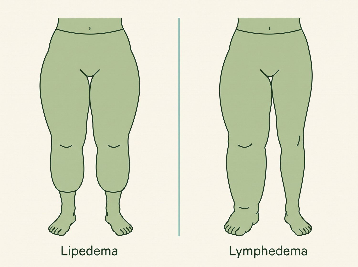 Two-panel illustration comparing lipedema, symmetrical in both legs with the feet spared, against lymphedema, which affects one limb and involves the foot