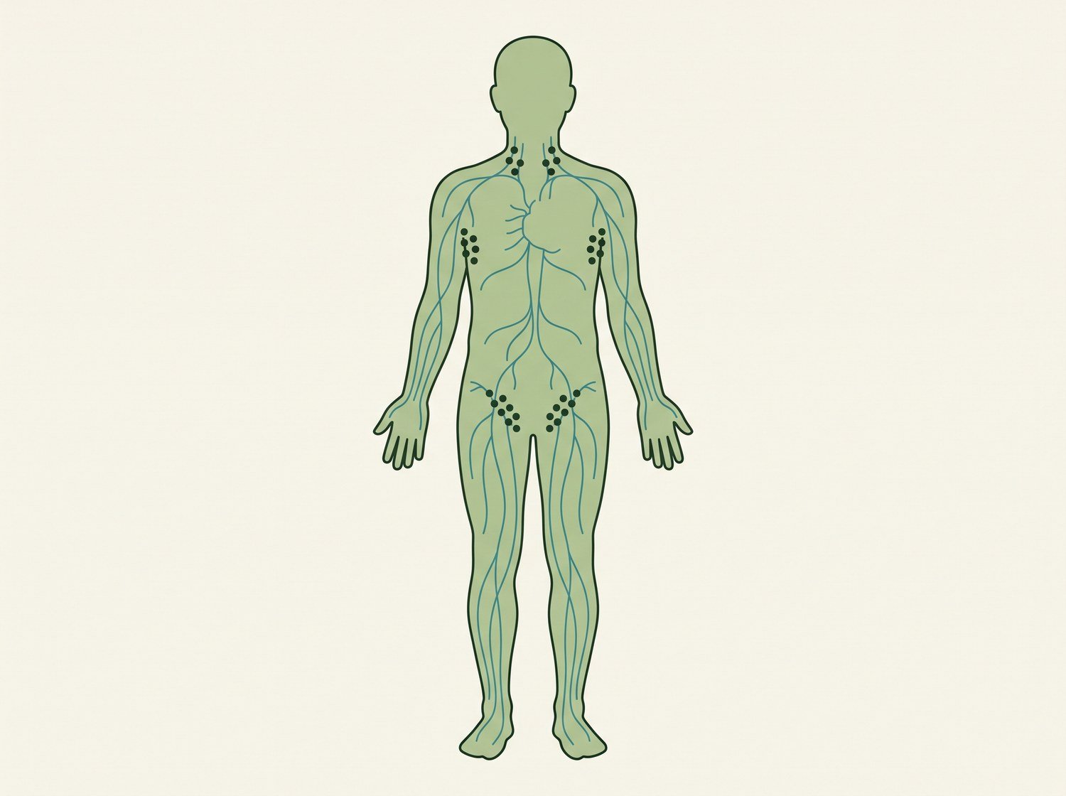 Illustration of the body's superficial lymphatic pathways and the main lymph node regions at the neck, armpits, abdomen and groin