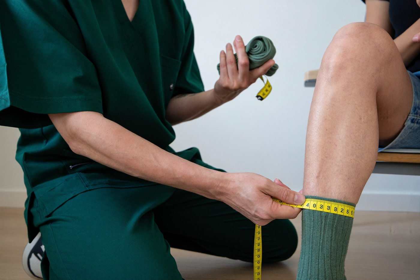 A clinician measuring a patient's calf with a tape measure while holding a flat-knit compression garment