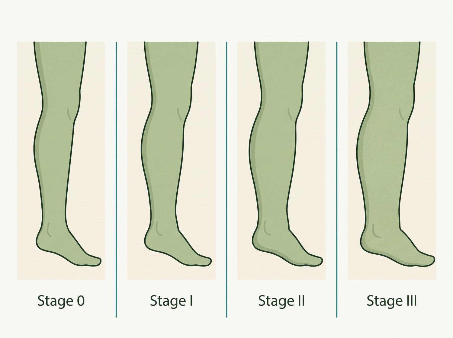 Illustration of the four ISL lymphedema stages, from no visible swelling at stage 0 through to established tissue change at stage III